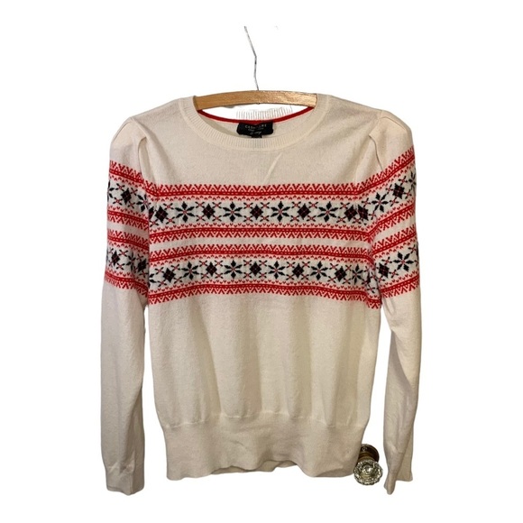Charter Club Sweaters - Charter Club White Cashmere Fair Isle Puff-Sleeve Crew Neck Sweater - SIZE  XL
